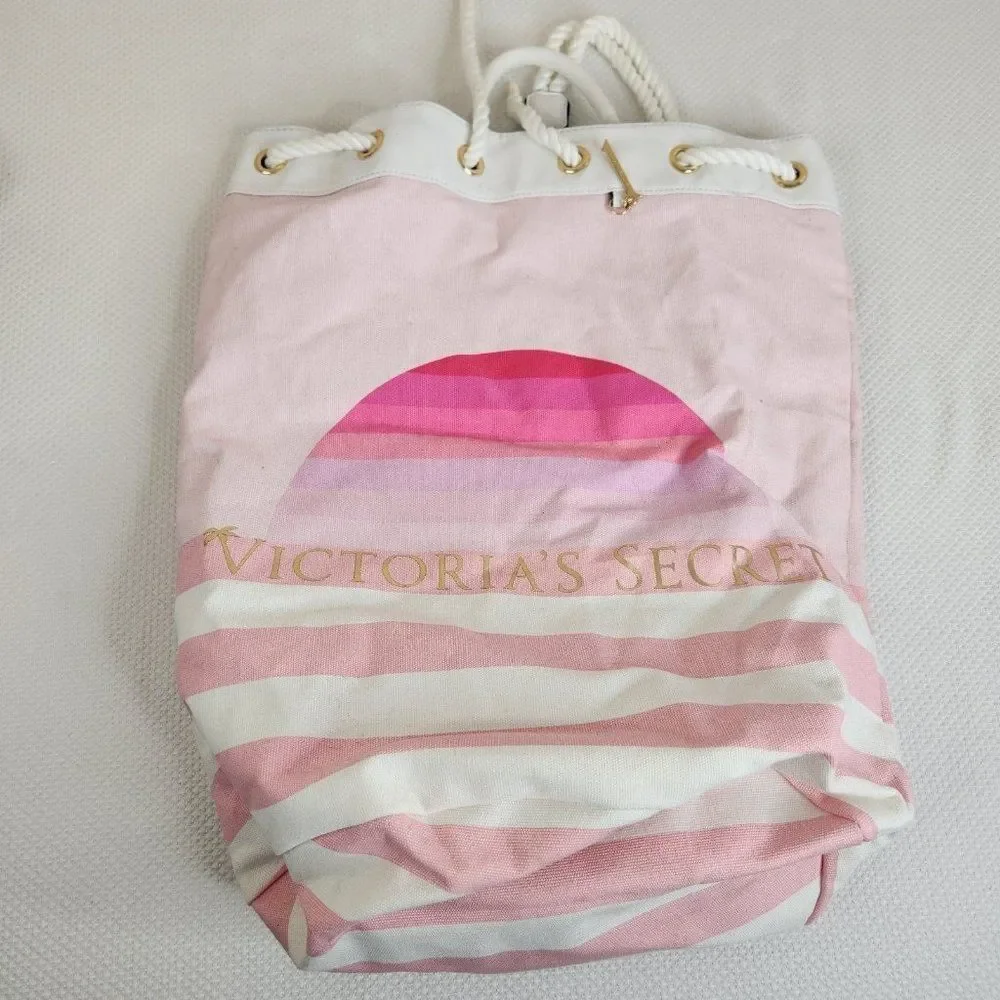 Victoria’s Secret Pink White Stripe Beach Bucket Bag Backpack Canvas